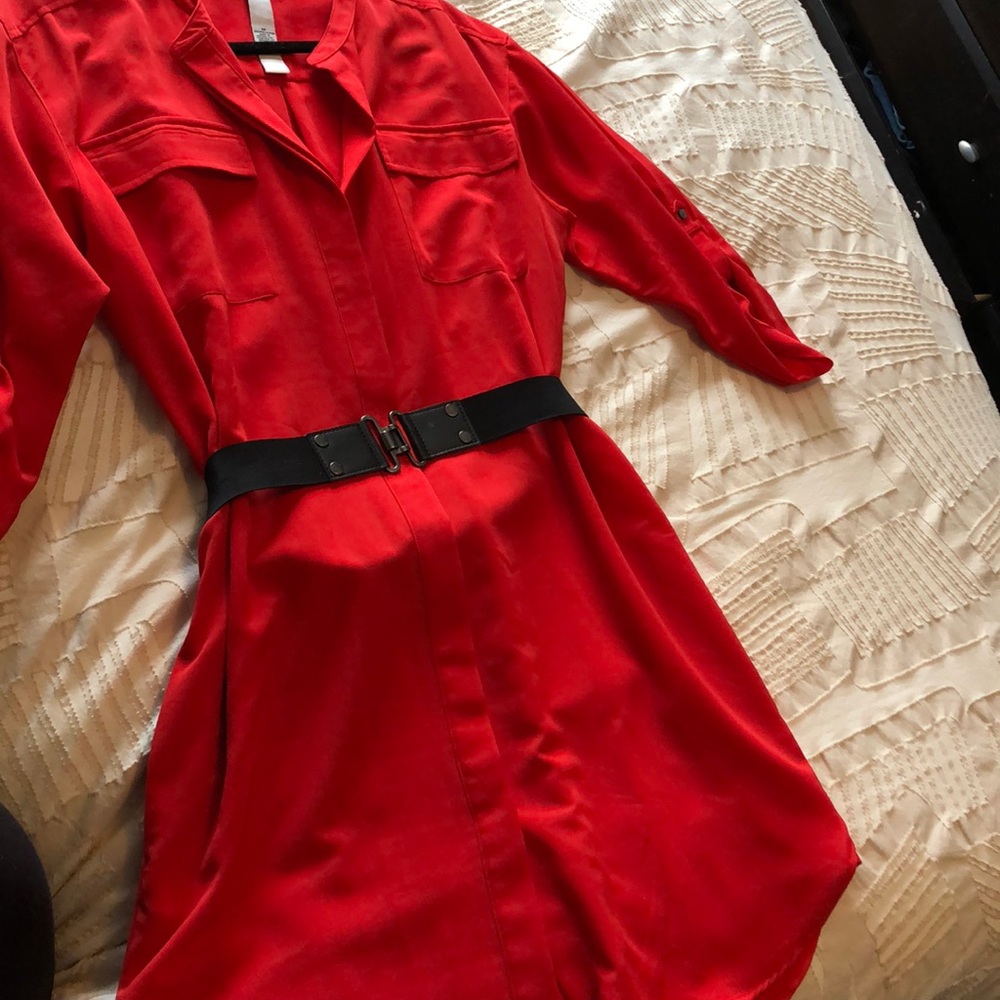 Red Belted Shirt Dress Calvin Klein